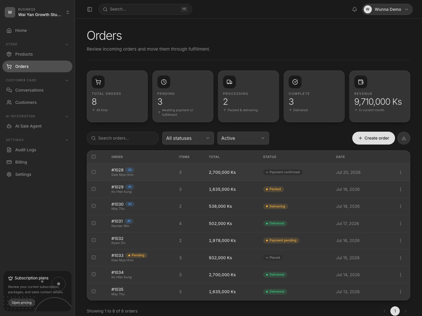 အော်ဒါအချက်အလက်များပါသော Billions+ orders workspace